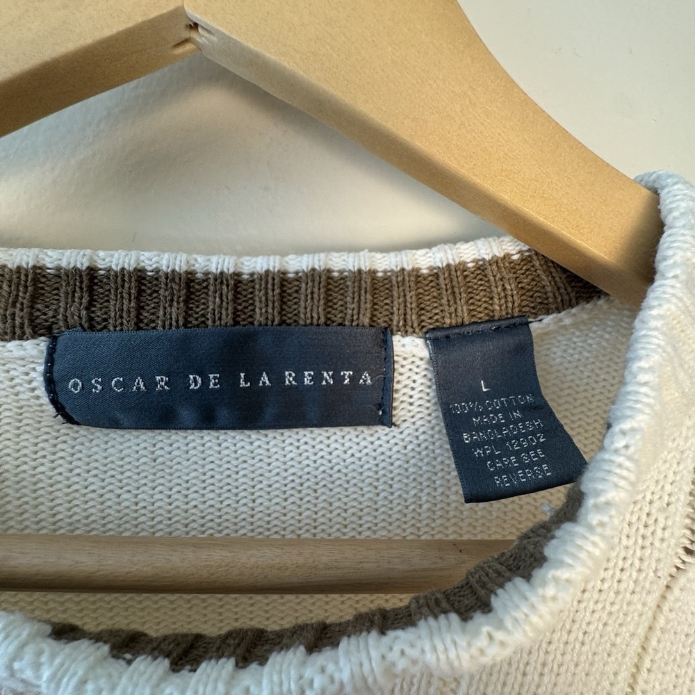 Vintage Oscar De La Renta Cream White Cable Knit Sweater Men's Large 100% Cotton - Picture 2 of 9
